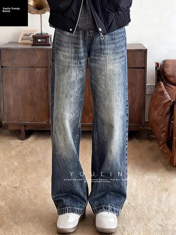 

Retro American Blue Fce Lined Thi Straight Leg Cleanfit Jeans Men's Loose Wide Leg Knife Casual Youth Jeans