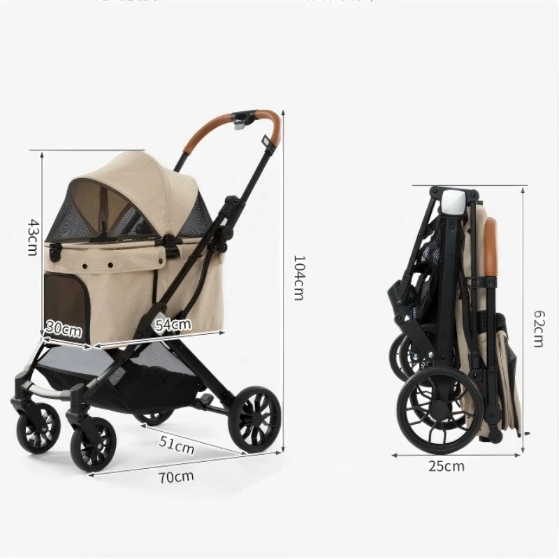 Outdoor 4-Wheel Shock Absorption Pet Trolley One-Hand Quick Foldable Pushchair with 360° Swivel Wheels