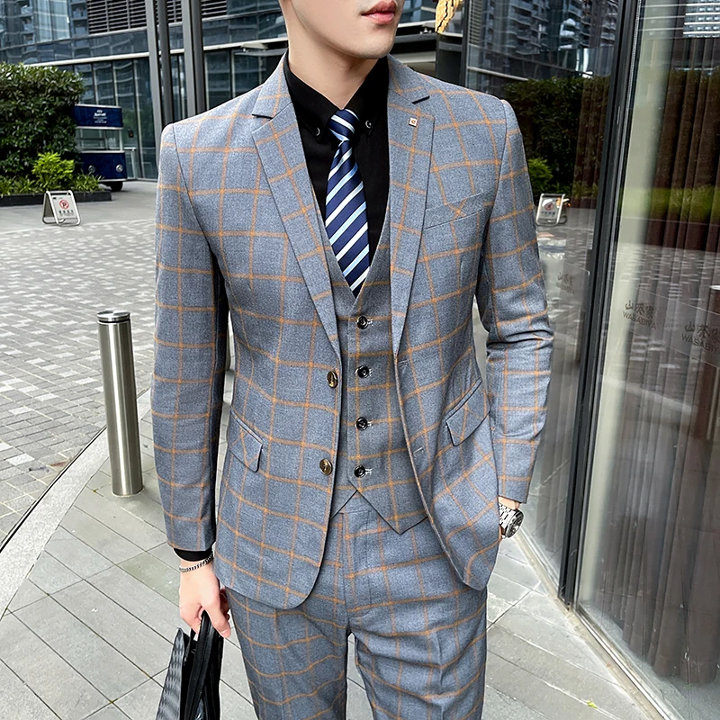 2024 Men\'s plaid suit (Suit + vest + trousers) Banquet Casual Business Work all matching fine 3-piece set (3-color M-5XL)