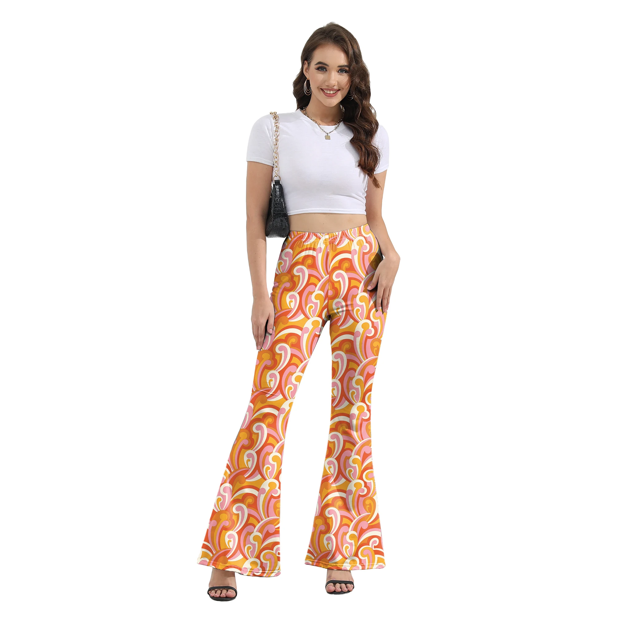 Zawaland Ladies Bell Bottoms Clothes Casual Hippie Retro Slim Flare Pants Trendy High Waist Floral Print Trousers Women Trousers