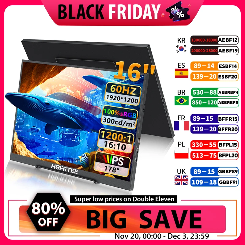 HGFRTEE 16 pouces moniteur Portable 100% sRGB FHD 60HZ moniteur d'ordinateur Portable trou VESA soins des yeux deuxième écran externe pour PC téléphone MAC