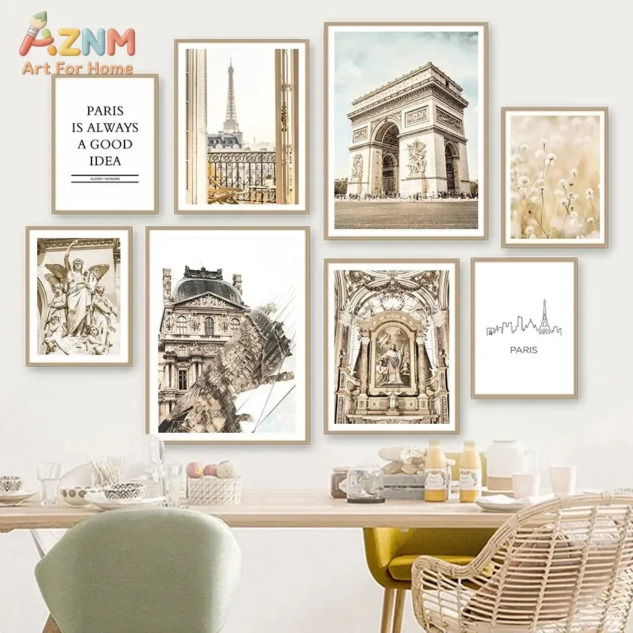AZNM Neutral Paris Cathedral Canvas Wall Art Vintage Church Architecture Cherry Blossom Dandelion Paris Quote Beige Tone Unframe