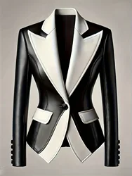 Fashion Women Faux Leather PU Blazer Jacket Turn Down Collar Slim High Waist Office Lady Patchwork Luxury Female Tailored Coat