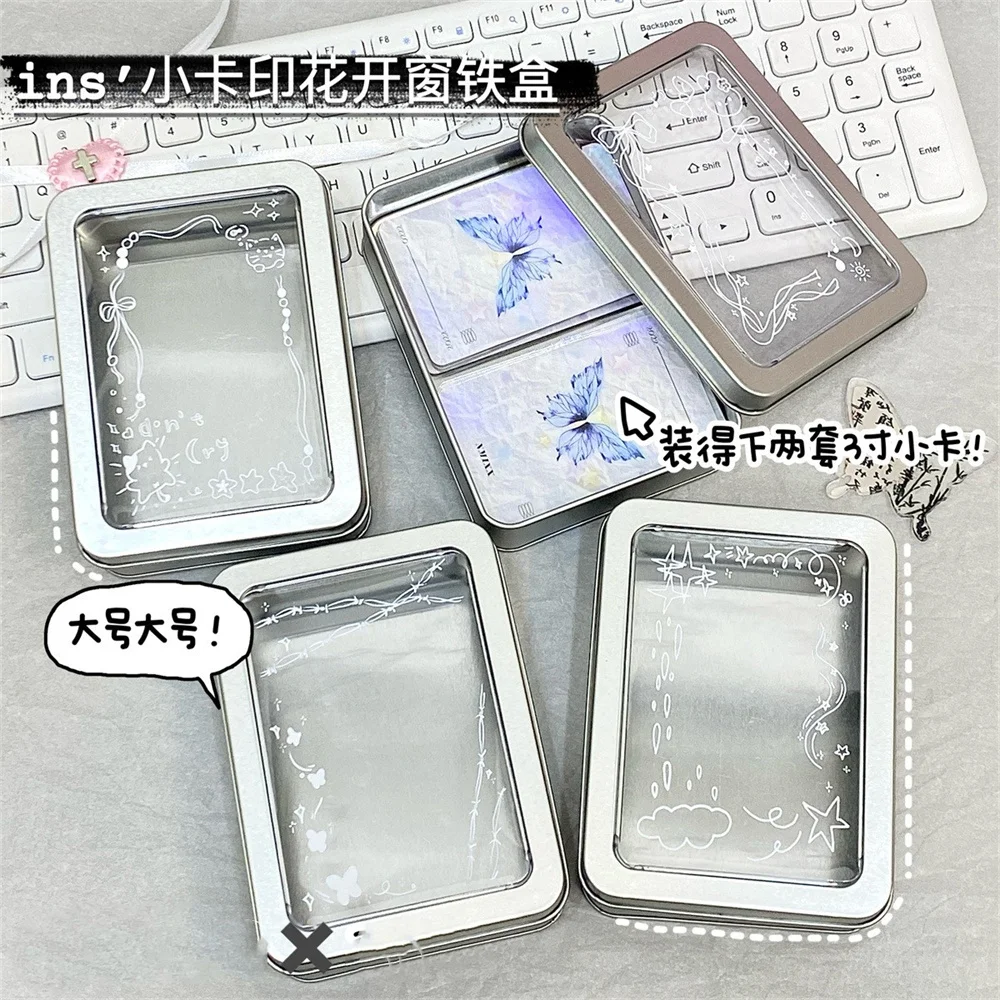 Photo Card Storage Box Holder With Window Ins Bus Student Card Organizer Boxes Silver Metal Desktop Storage Case Stationery