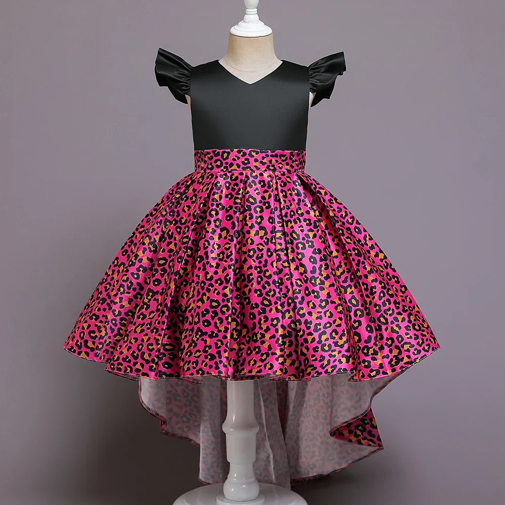 

4 Colors 100cm-150cm European and American Short Sleeve Black Dress Princess Style Leopard Vestidos Baby Girl