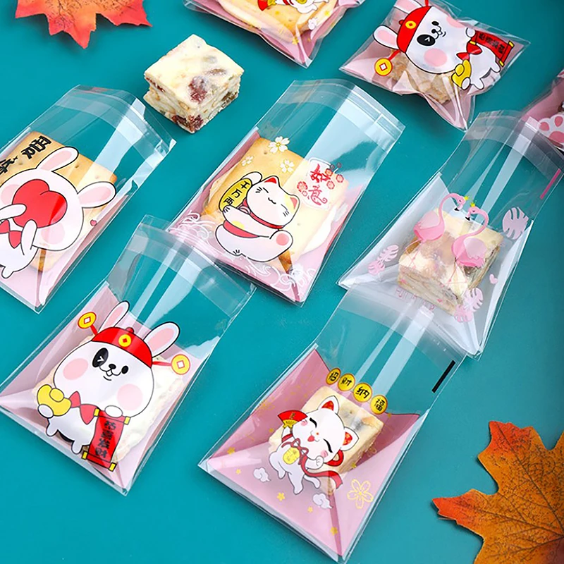 100pcs Mini Cartoon Cat Packaging Bag, Baking Snack Self-adhesive Bag, Cartoon Cat Biscuit Cookie Packaging Bag