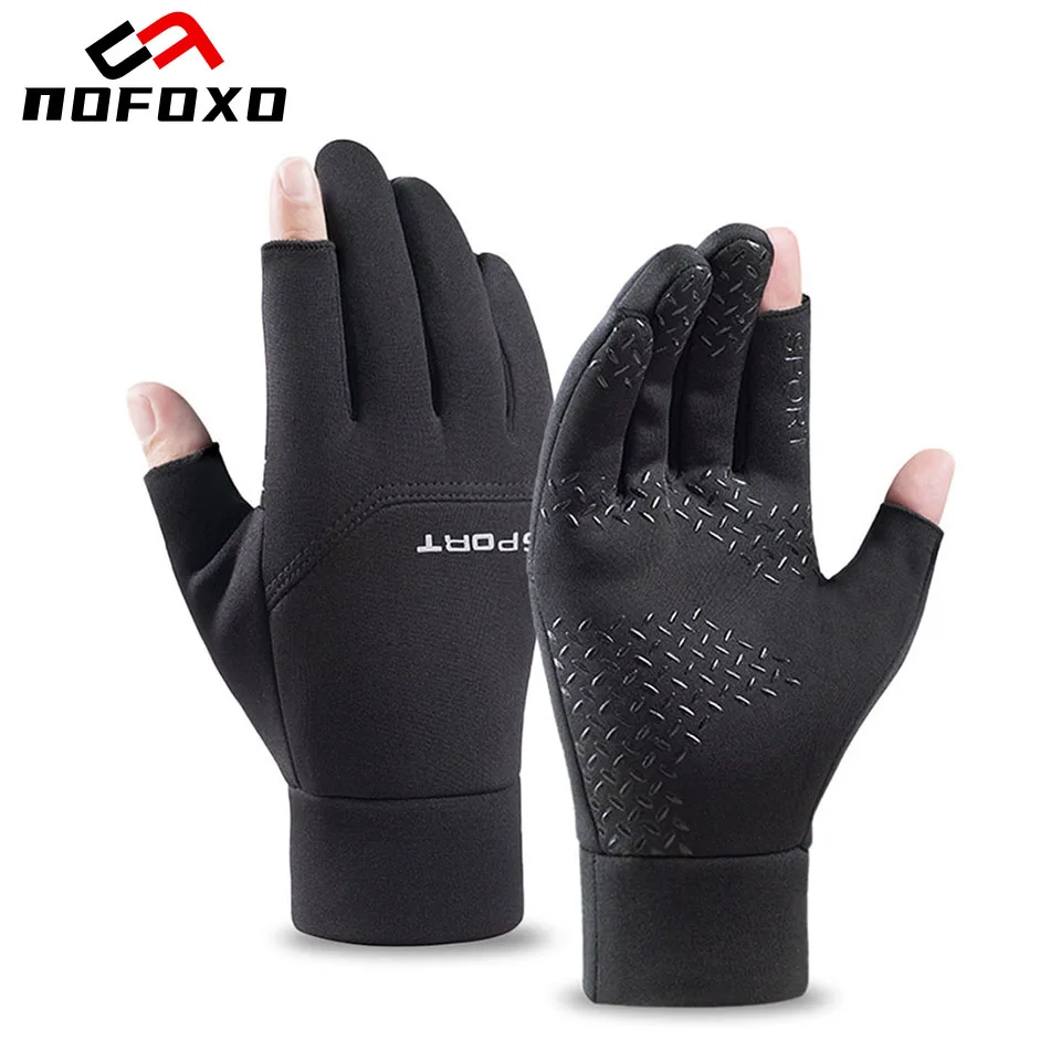 NOFOXO Winter Cycling Gloves 2-Fingerless Windproof Waterproof Fishing Gloves Thermal Fleece Anti-slip Keep Warm Sports Gloves