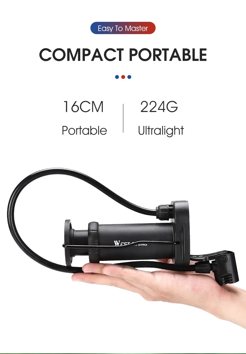 WEST BIKING Mini-Fußpumpe 120 PSI, tragbarer Fahrradreifenfüller für Presta- und Schrader-Ventile, für Radsport, Sportbälle, Fahrradzubehör – Detail 3