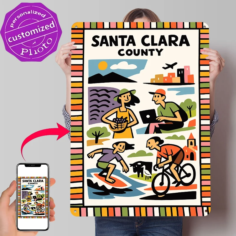 Pôster Metálico Personalizado do Condado de Santa Clara, Arte de Parede Retro Vintage, Placas Metálicas para Decoração de Quarto Masculino