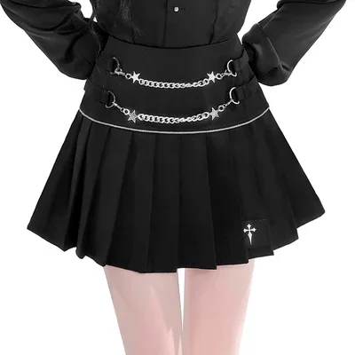 

New Spring Hot Girl Star metal chain Skirt Girl High Waist A-line Pleat Skirt Gothic Harajuku Punk Black Sweet Cool Short Skirt