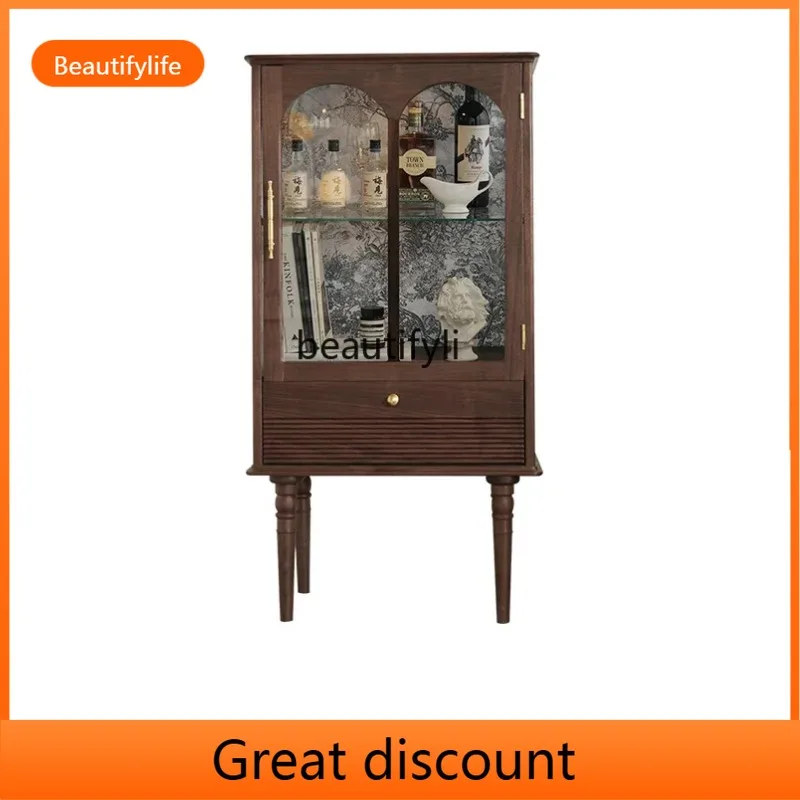 QQ45 Painting Mirror Display Cabinet American Retro Black Walnut Wooden Liquor Cabinet Living Room Solid Wood Storage Glass