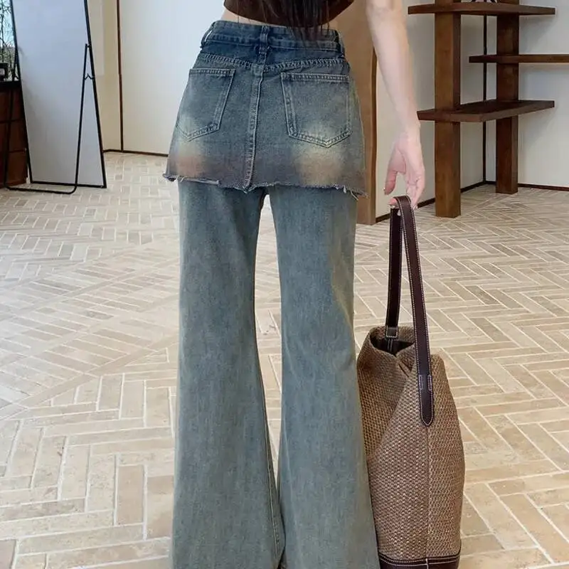 ANJY automne nouvelle femme Chic jean évasé faux deux pièces poches bavure américain rétro en détresse Ins élégant Y2K pantalons décontractés A8708