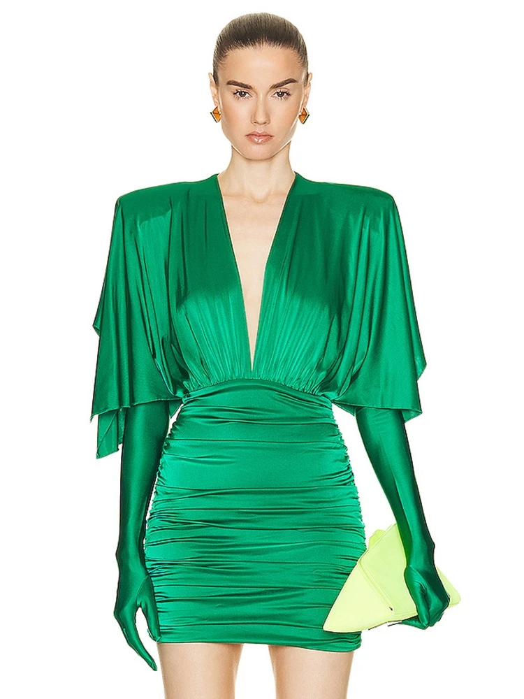 Sexy Deep V Neck Draped Flods Design Mini Dress Women Green Short Sleeve With Gloves Bodycon Dress Elegant Evening Club Party