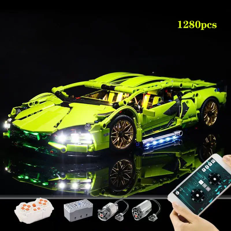 1280PCS Technical 1:14 Green Sian Racing Sports Car Building Blocks Assemble Bricks Vehicle Toys Gift For Boy Kids