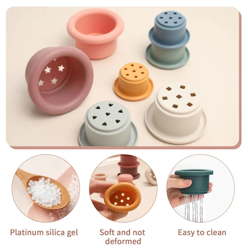 1Set Silicone Stacking Cups Montessori Toys for Kids Stacker Blocks Early Educational Toys Baby Bath Toys Ins Style Bathtub Toy