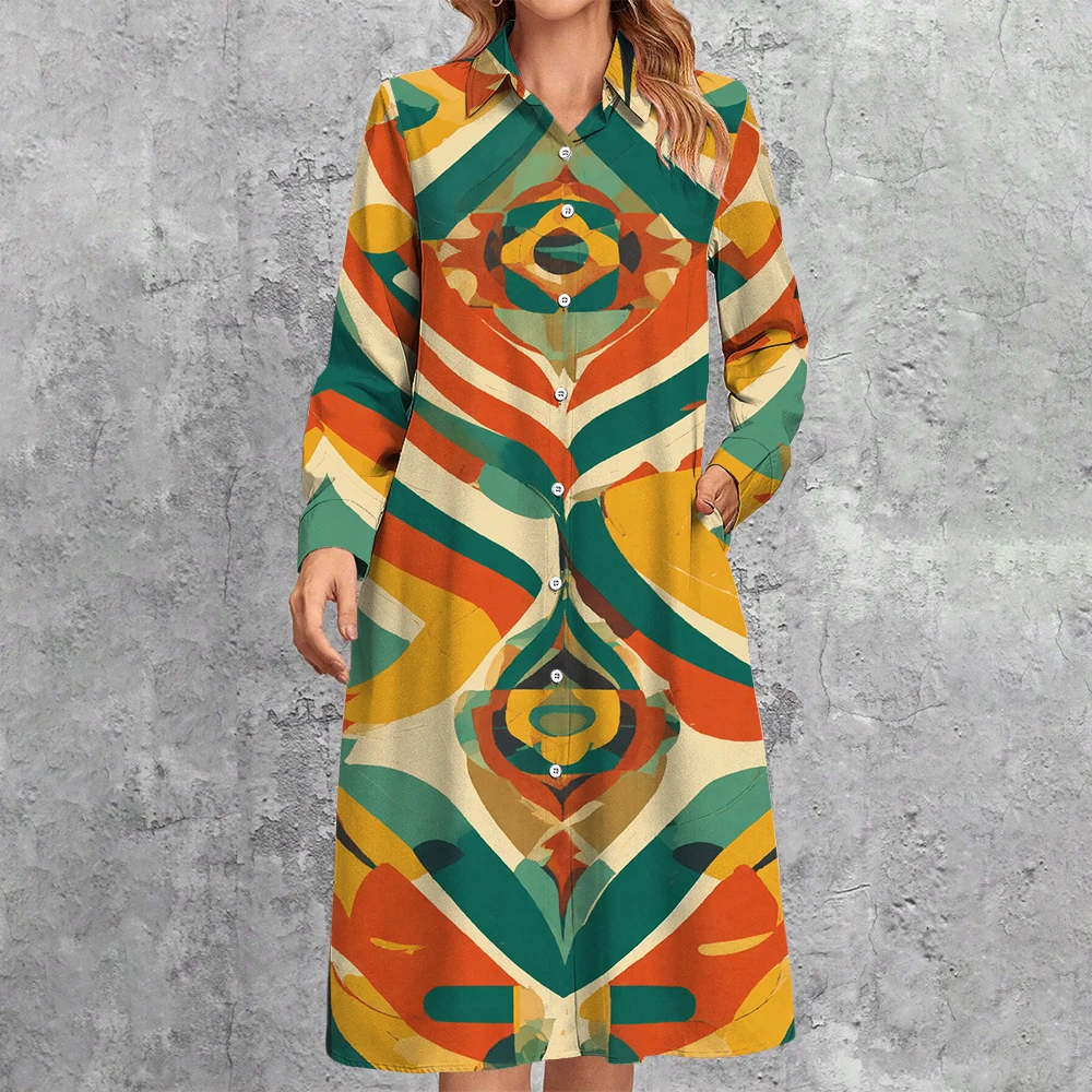 Summer Fashion Colourful Geometric Print Commuter Shirt Dress Women's Turn-Down Collar Blouse Dress Female Mid-Length Dresses