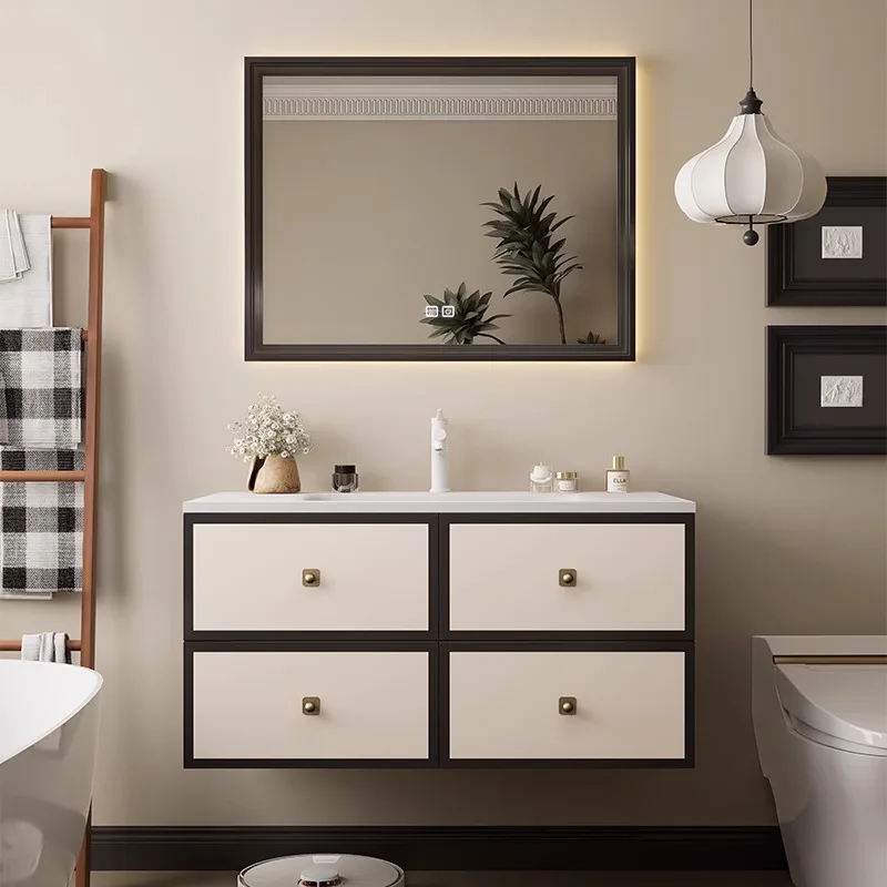 Medieval Bathroom Cabinet Combination Ceramic Rock Slab Integrated Basin Solid Wood Drawers Bedroom Use-Waterproof Corian Basin