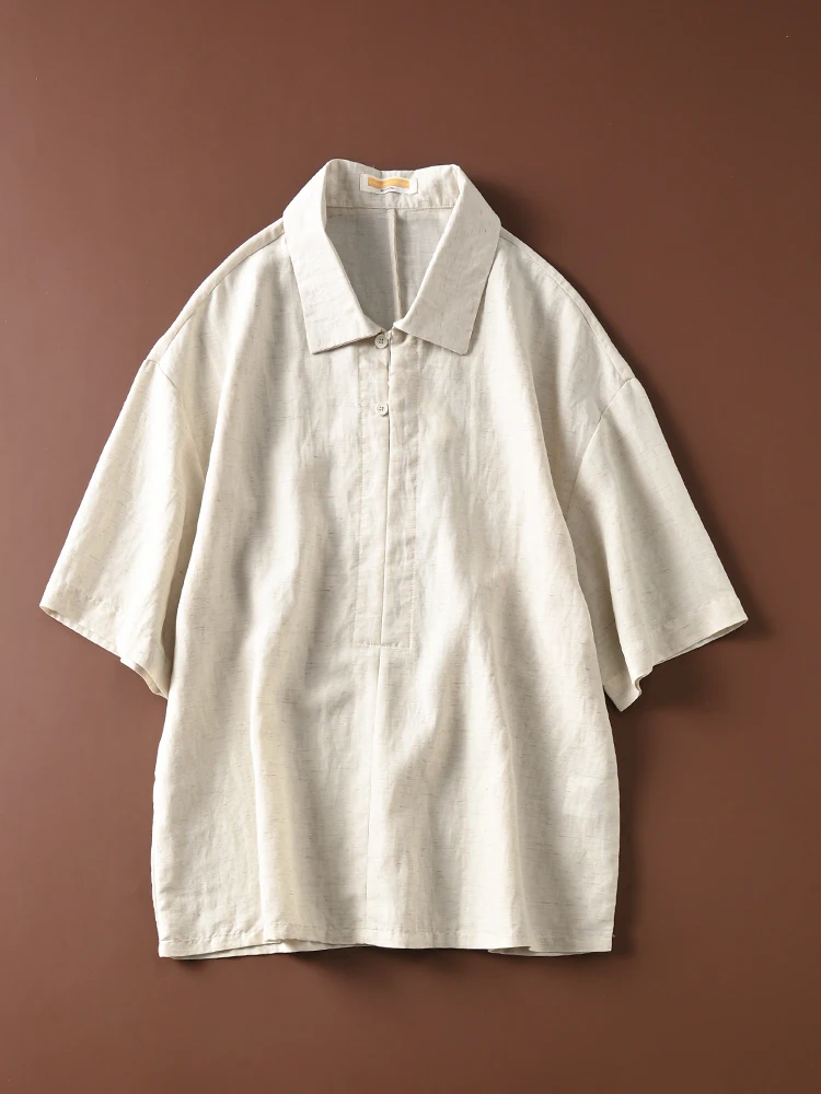 

Loose Fit Linen Short Sleeve Casual Shirt Men's Summer Breathable Cool Feeling Semi-Open Collar Leisure Shirt