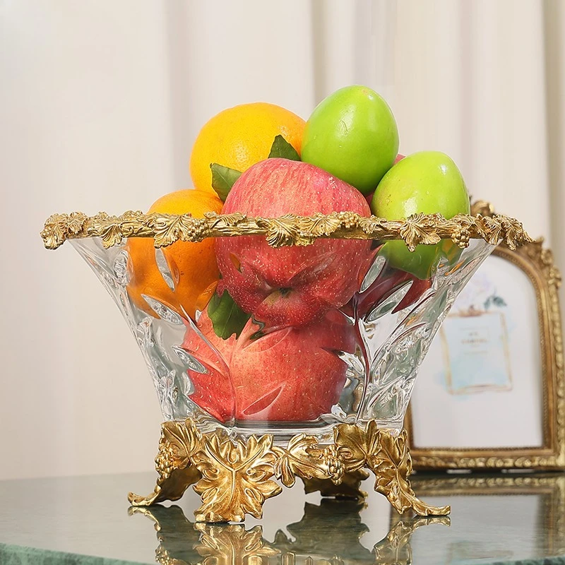 Jewelry Top Factory Wholesale Latest Design Luxury Brass Base Fruit Plate Home Decoration Crystal Glass Fruit Plate