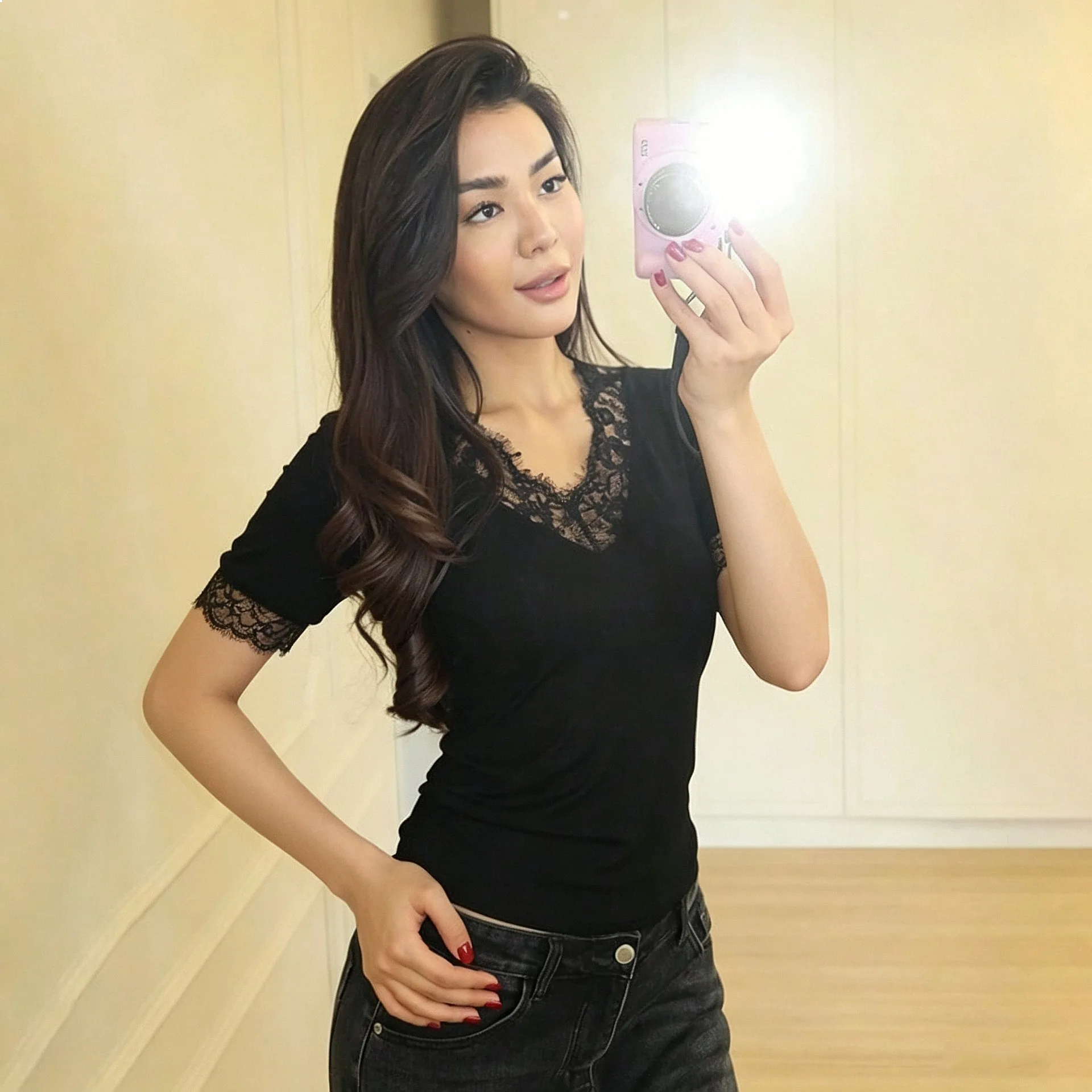 2026 Spring Summer Women V Neck Lace Trim Fit Tee Top Tops Blouse