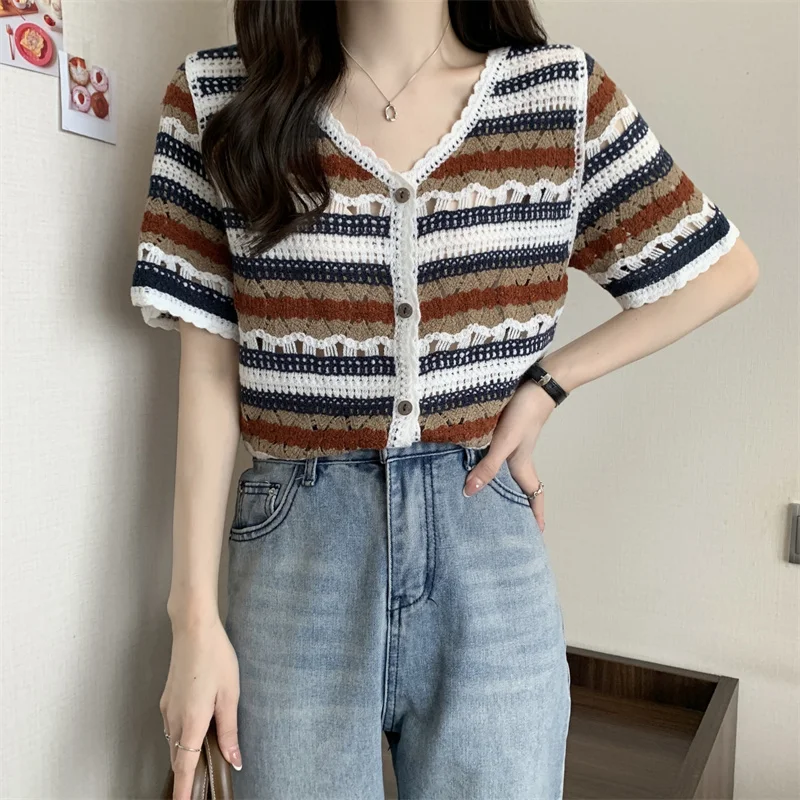 Women Crochet Knit Top Short Sleeve V-Neck Button Up Embroidery Striped Blouse Cardigan Summer Fairycore Cottagecore Outfit