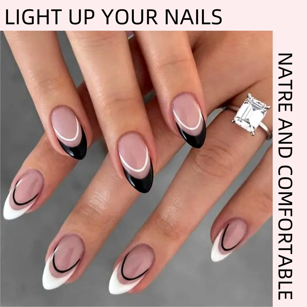 

Black and White Mandarin Duck French Style Nail Art with European and American Lines Almond Shaped Minimalist Nail W/ Tool Kit