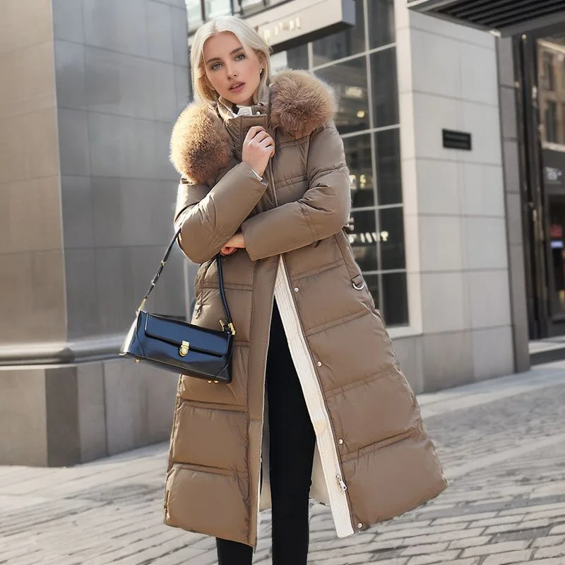 2024 Winter Dames Lange Katoenen Jas Vrouwen Bontkraag Dikker Warme Parkas Jassen Vrouwen Knie Over Tailleband Jas Voor Dames