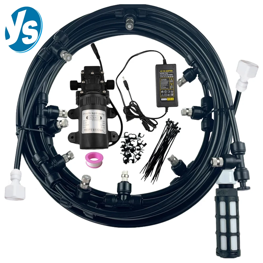 

Electric Fog Misting Kit - 6-18M Spray Range for Garden & Pool Cooling Includes 12V DC High Pressure Pump
