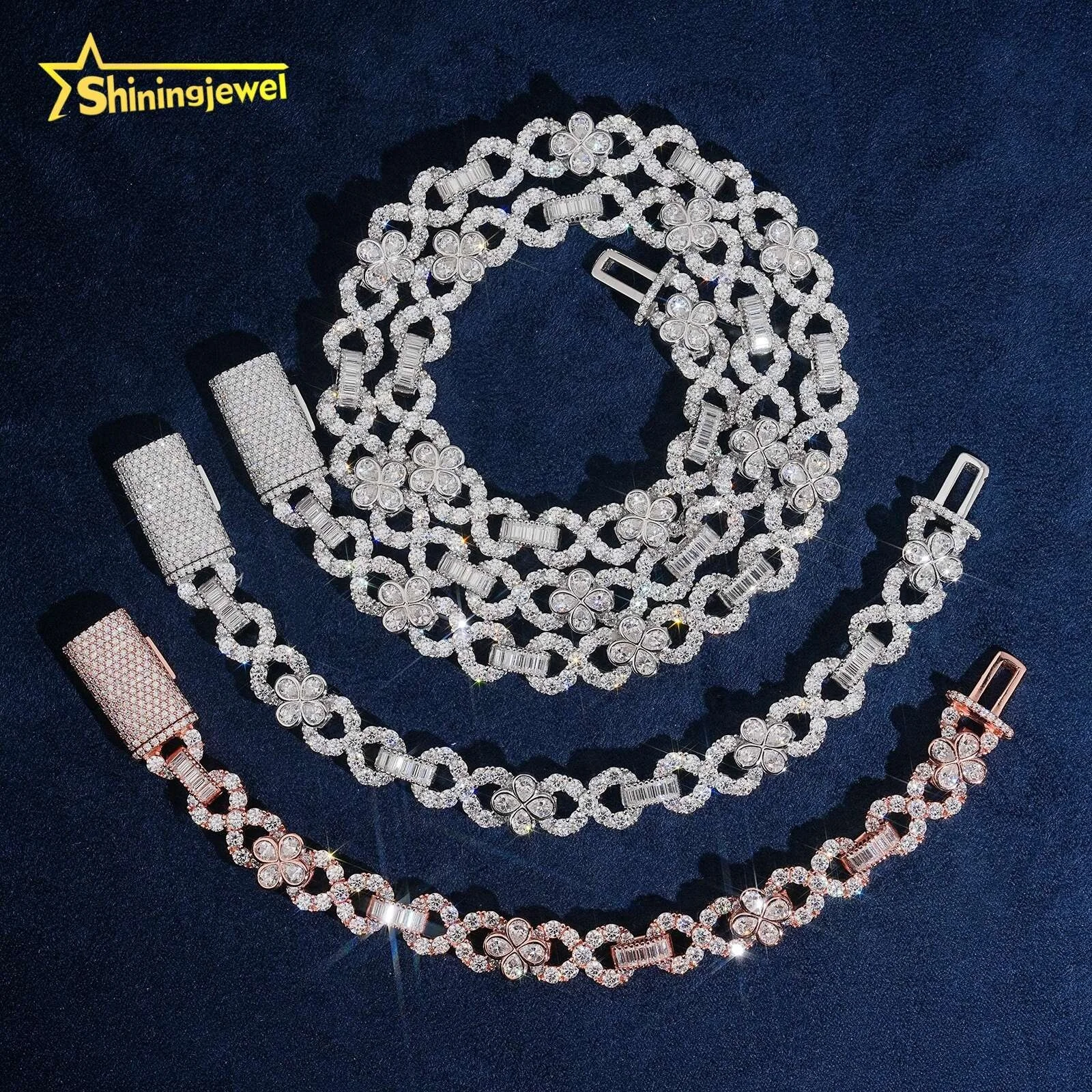 Design New Luxury Fashion 925 Silver Hip Hop Clover 10mm Moissanite Cuban Link Chain Infinity Necklace.