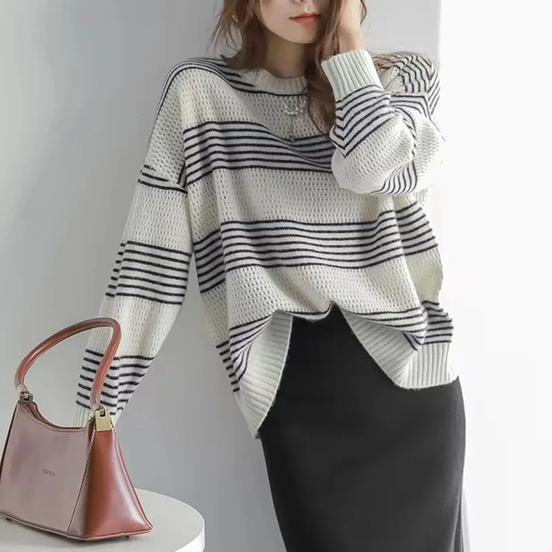 Autumn Winter Women\'s Round Neck Striped Hollow Out Solid Lantern Long Sleeve Sweater Knitted Undershirt Casual Elegant Tops