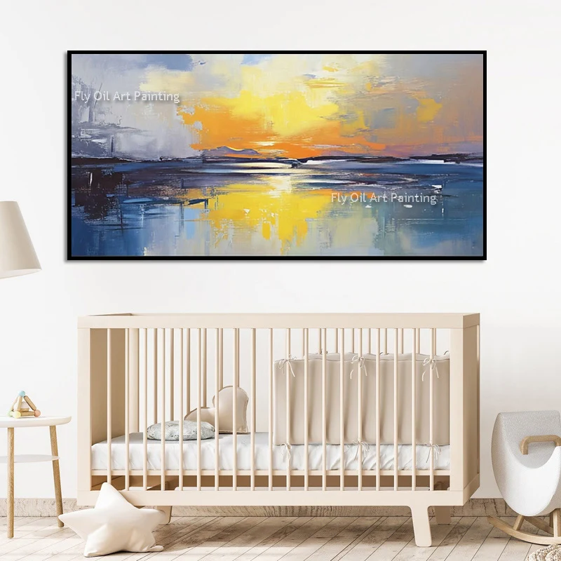Original Popular Artwork Blue Ocean View Oil Painting On Canvas Hand Painted Yellow Sea Sunset Landscape Home Wall Decor Items
