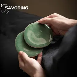 10cm Celadon Coaster Lotus Leaf Ceramic Cup Holder Handmade Chinese Style Natural Casual Antique Kung Fu Tea Set Saucer Teaware