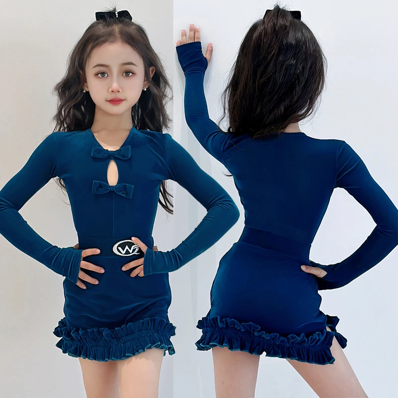 Robe de spectacle de danse de salon bleue à manches longues pour filles, Costume de danse latine pour enfants, vêtements de danse latine Rumba SL14006