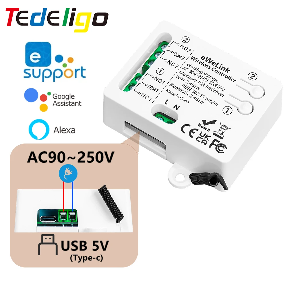 

Wifi Smart Switch Module Inching Self-Locking Relay 2CH AC90-250V USB 5V Receiver Timer Alexa Google Work with EWelink App