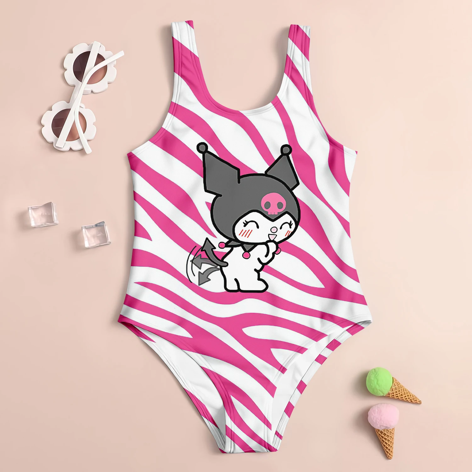 24 Miniso Cute Children\'s One-Piece Swimsuit Kuromi 3d Printed Girl Women\'s Swimsuit Soft Breathable Kids Summer Seaside Clothes