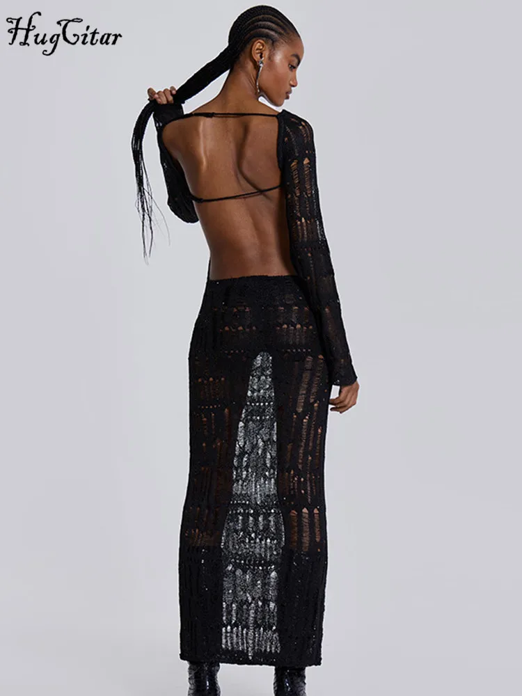 Hugcitar 2025 Dzianinowa sukienka z długim rękawem i wycięciem na plecach Sexy See Through Maxi Dress Wiosna Lato Kobiety Y2K Odzież Streetwear Party