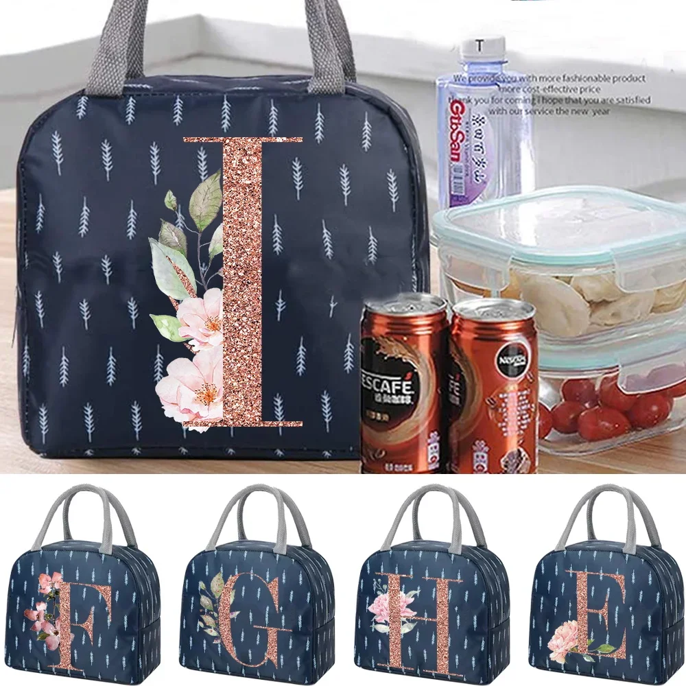 

Portable Lunch Bag Thermal Insulated Lunch Box Cooler Bento Pouch Handbag Rose Gold Printing Tote Bag Bento