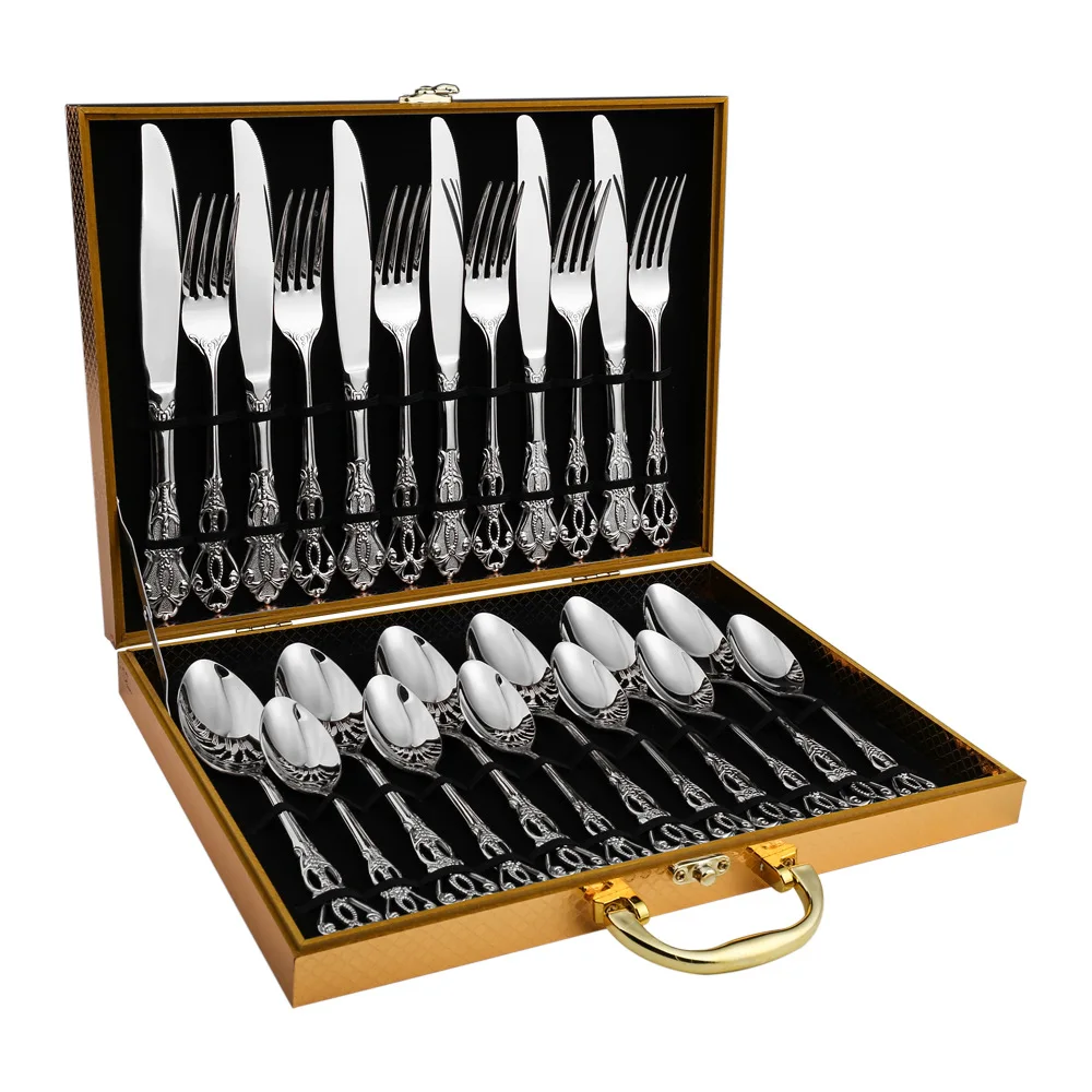 relief tableware set European style stainless steel steak knife, fork and spoon cross-border Western food gift box 24 PIECE SET