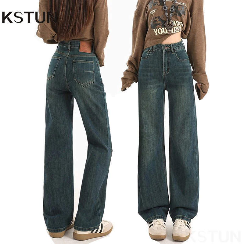 KSTUN 여성용 기본 백진 청바지 하이 웨이스트 스트레치 스트레이트 컷 빈티지 블루 캐주얼 여성 풀 렝스 바지 편안함