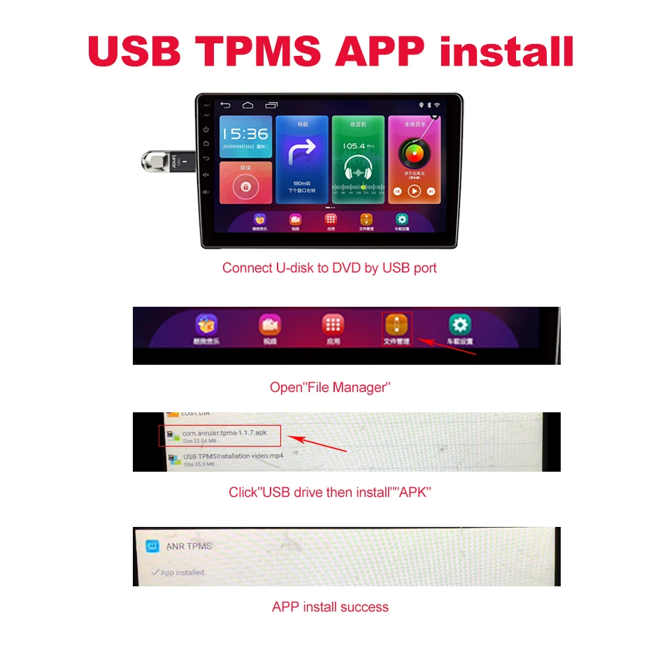 Intelligente Android-Navigation, spezielles, im Auto montiertes USB-Reifendruckkontrollsystem, TPMS-Reifendruck- und Temperaturerkennung – Detail 3