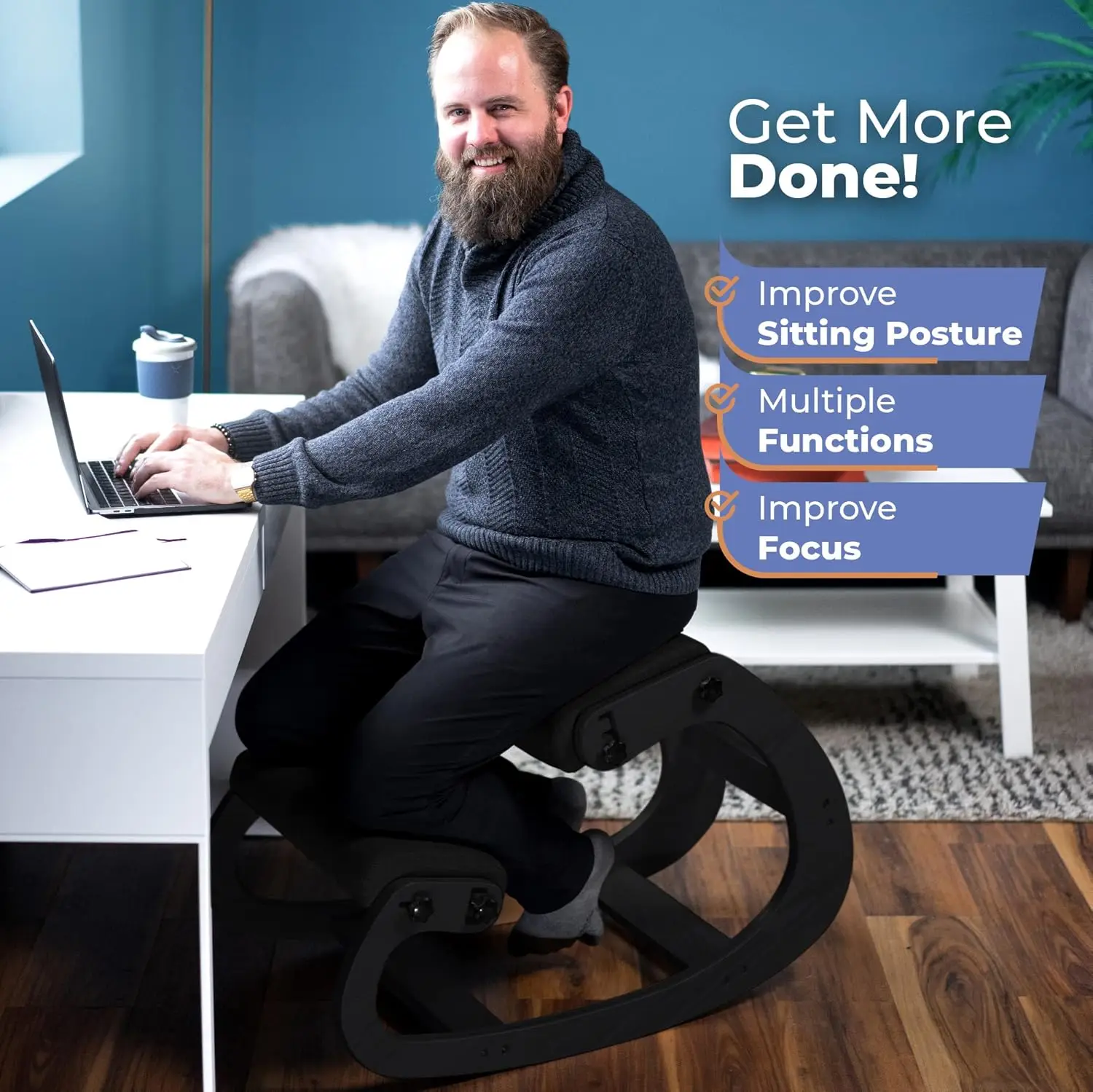 Ergonomic Wooden Kneeling Chair Adjustable Office Stool Rocking Feature Desk Chair for Back Pain Relief Grey Posture Pilates view 4