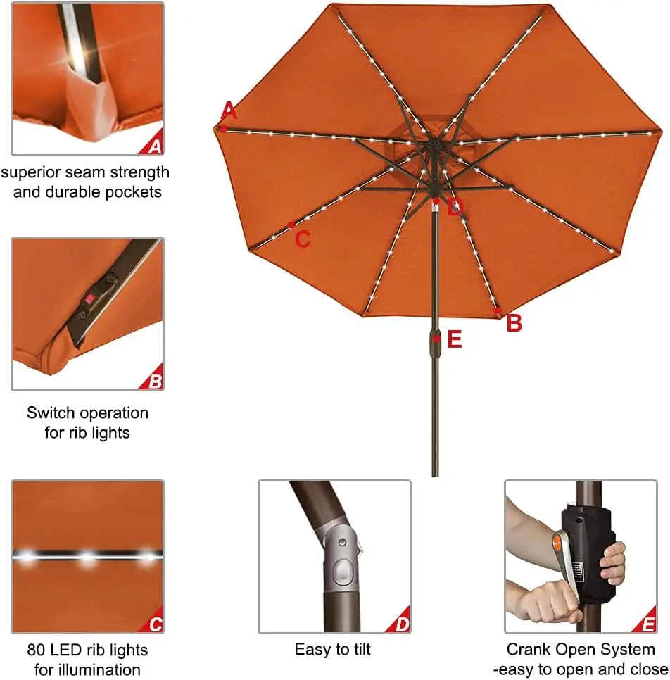 

Solar 9ft Market Umbrella with 80 LED Lights Patio Umbrellas Outdoor Table Umbrella with Ventilation,Rust
