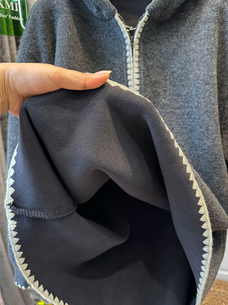 플러스 사이즈 여성용 안감 후드티 특별 대형 M300 푸 컬러 블록 지퍼 디자인 트렌디 겨울 신상품