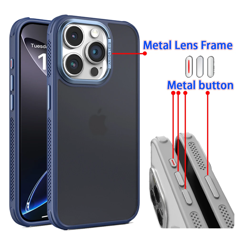 

Чехол Business Matte Armor с металлическими кнопками для iPhone 16 PM 13 14 15 12 Pro Max, противоударный жесткий магнитный чехол для беспроводной зарядки 17
