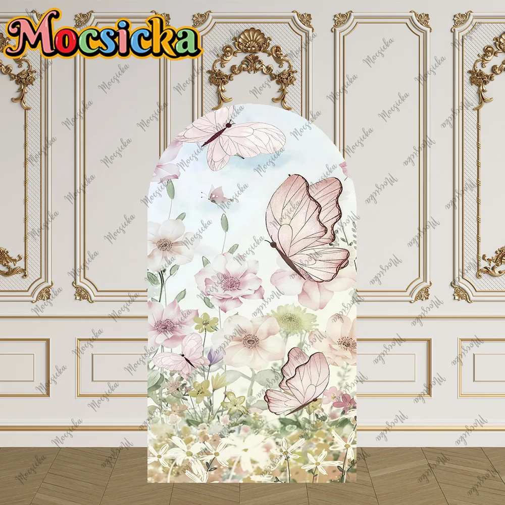 Mocsicka 2-Sided Arch Cover Watercolor Flowers Pink Butterfly  Decoration Backdrop Wall Baby Shower Newborn Party Photo Props