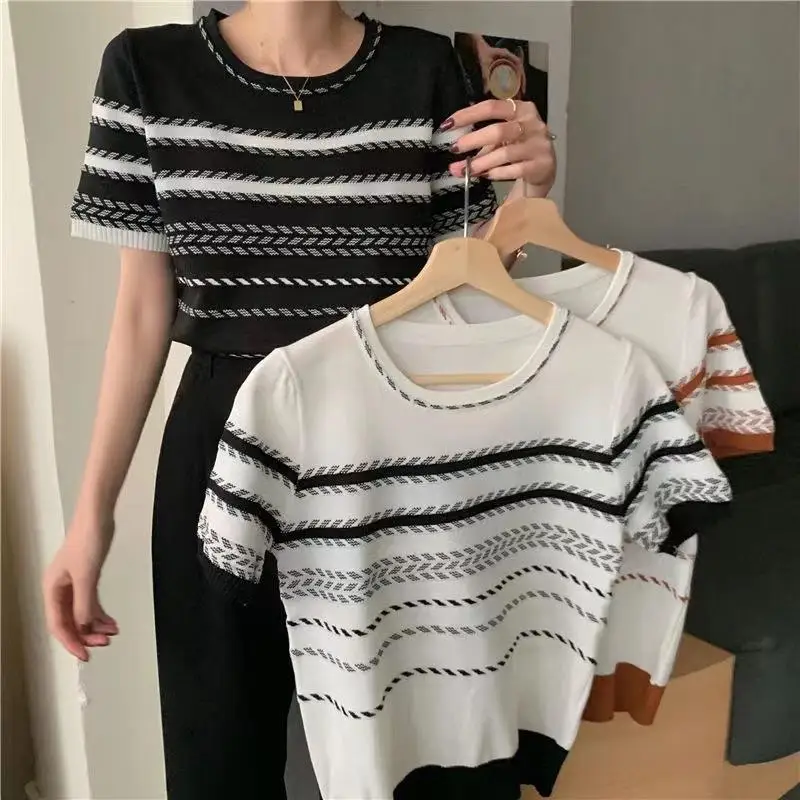 

ContrastStriped Top Colorblock Slim Short-Sleeve Top Cropped Fitted BreathableLightweight Top Casual Chic Summer-Cropped Tee