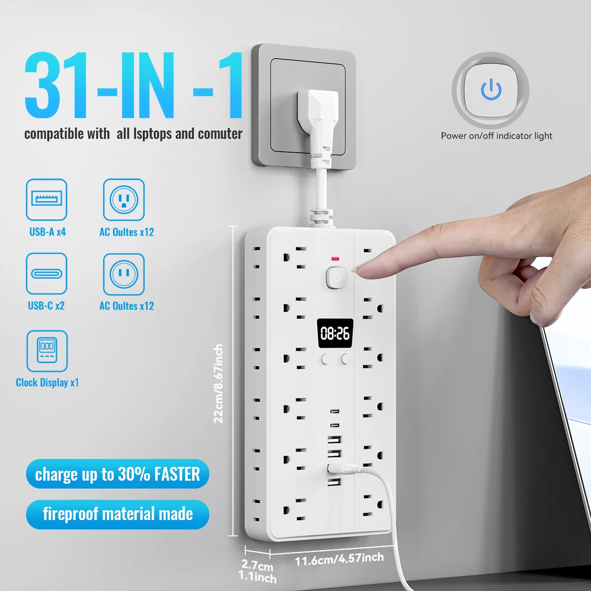

31-in-1 power strip plug line multi-directional placement, multi-hole socket with clock, 24 standard sockets, 6 USB ports