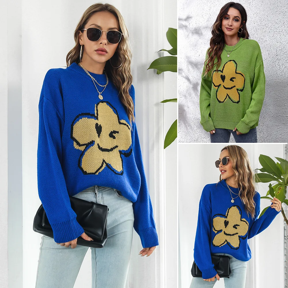 

Новый женский жаккардовый пуловер с цветочным улыбающимся рисунком, свитер, женские свободные вязаные свитера, топы, холодная рубашка, камзолы Outono Mulher