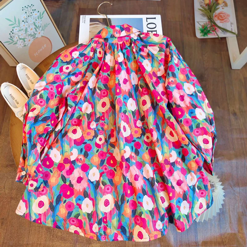 2-8 Years Spring Summer Girls Dress Full Print Flower Oil Painting Style Lapel Single Breasted Princess Dress For Girl