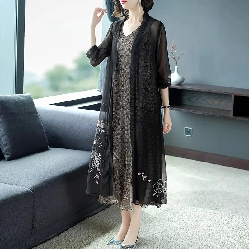 Sets/Single Piece Women Chiffon Print Cardigan Jacket Female Dress Half Sleeves Two Piece Suit 2022 Summer Long Dress Elegant